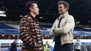 Rob McElhenney, co owner of Wrexham talks with Tom Brady co owner of Birmingham City ahead of the Sky Bet League One match between Birmingham City FC and Wrexham AFC at St Andrewís at Knighthead Park on September 16, 2024 in Birmingham, England.