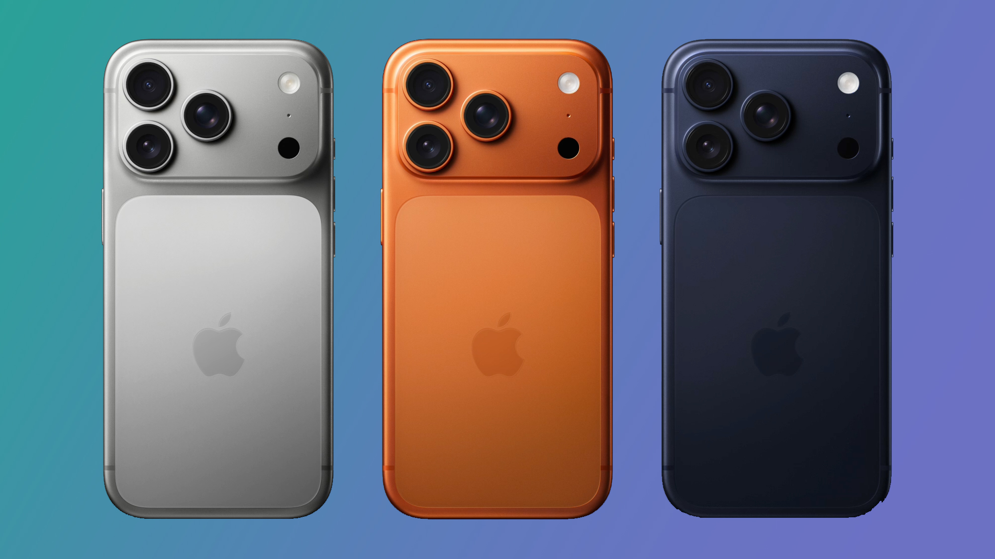 Three iPhone 17 Pro phones on a green and purple background