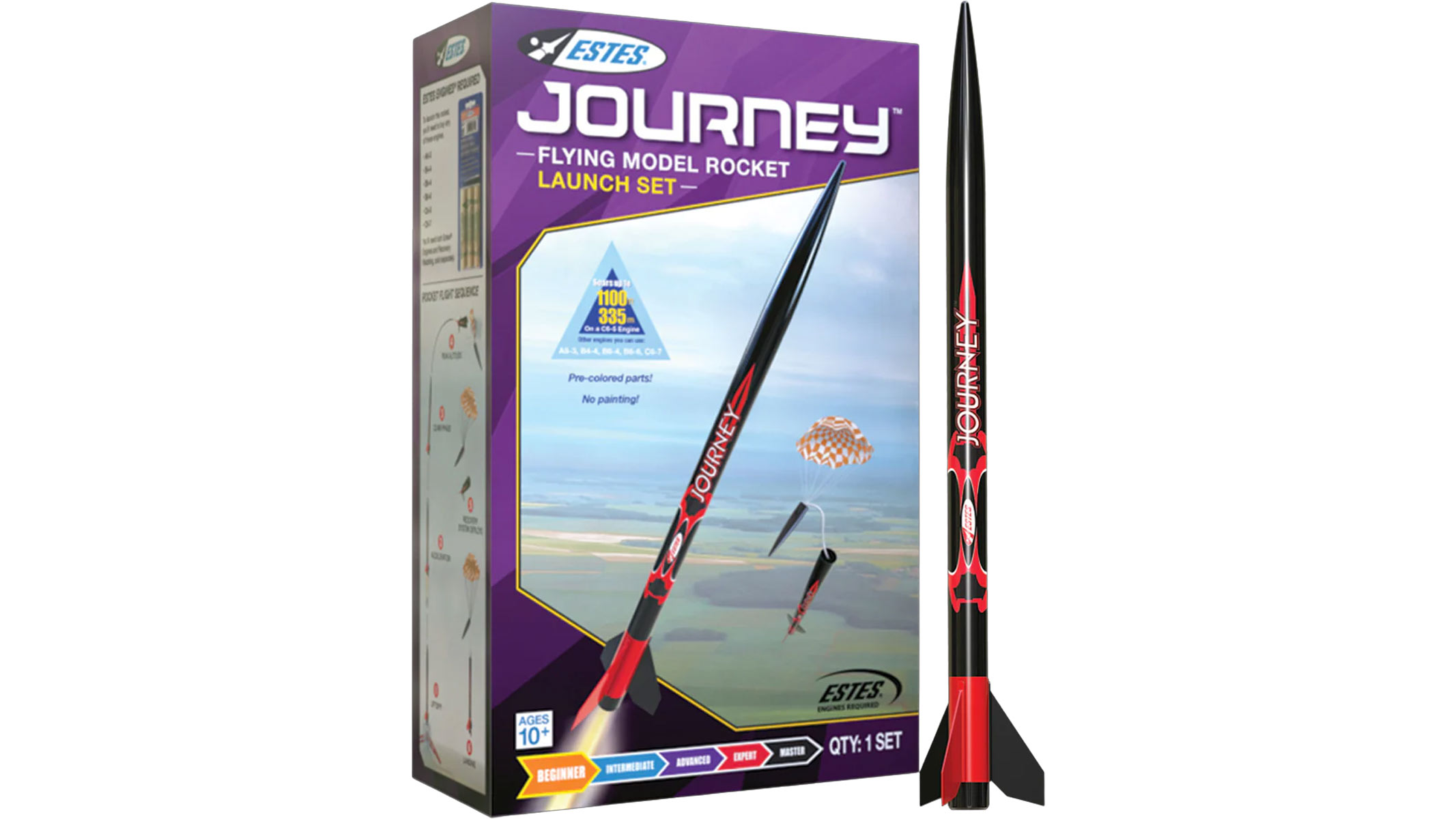 يقف صاروخ طويل ونحيف باللونين الأسود والأحمر في وضع مستقيم بجوار صندوق أرجواني على خلفية بيضاء.