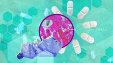 Illustration depicting pills, bacteria under a magnifying glass, and a plastic water bottle