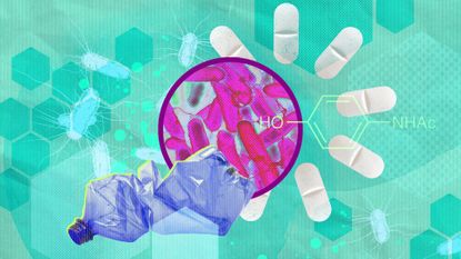 Illustration depicting pills, bacteria under a magnifying glass, and a plastic water bottle