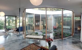 Interior of the Courtyard House. Framed around a planted, glassed-off circular garden, we see a sitting area with a navy sofa and chairs, and a kitchen in light wood.