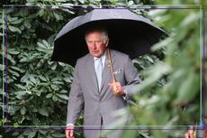 King Charles III walking in a garden with an umbrealla