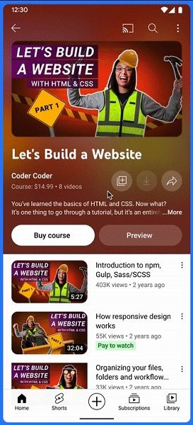 A look at the potential screen for purchasing a Course on YouTube.