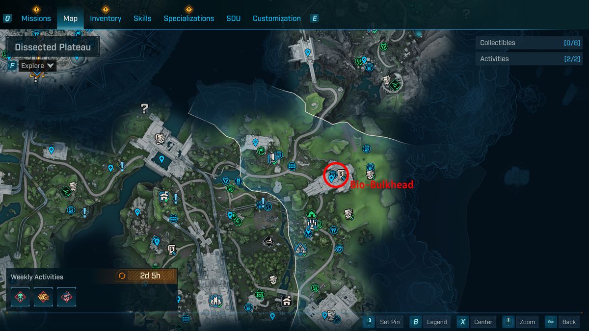 Borderlands 4 UVHM unlocks: A map with a red circle showing the location of the Bio-Bulkhead boss in Fadefields.