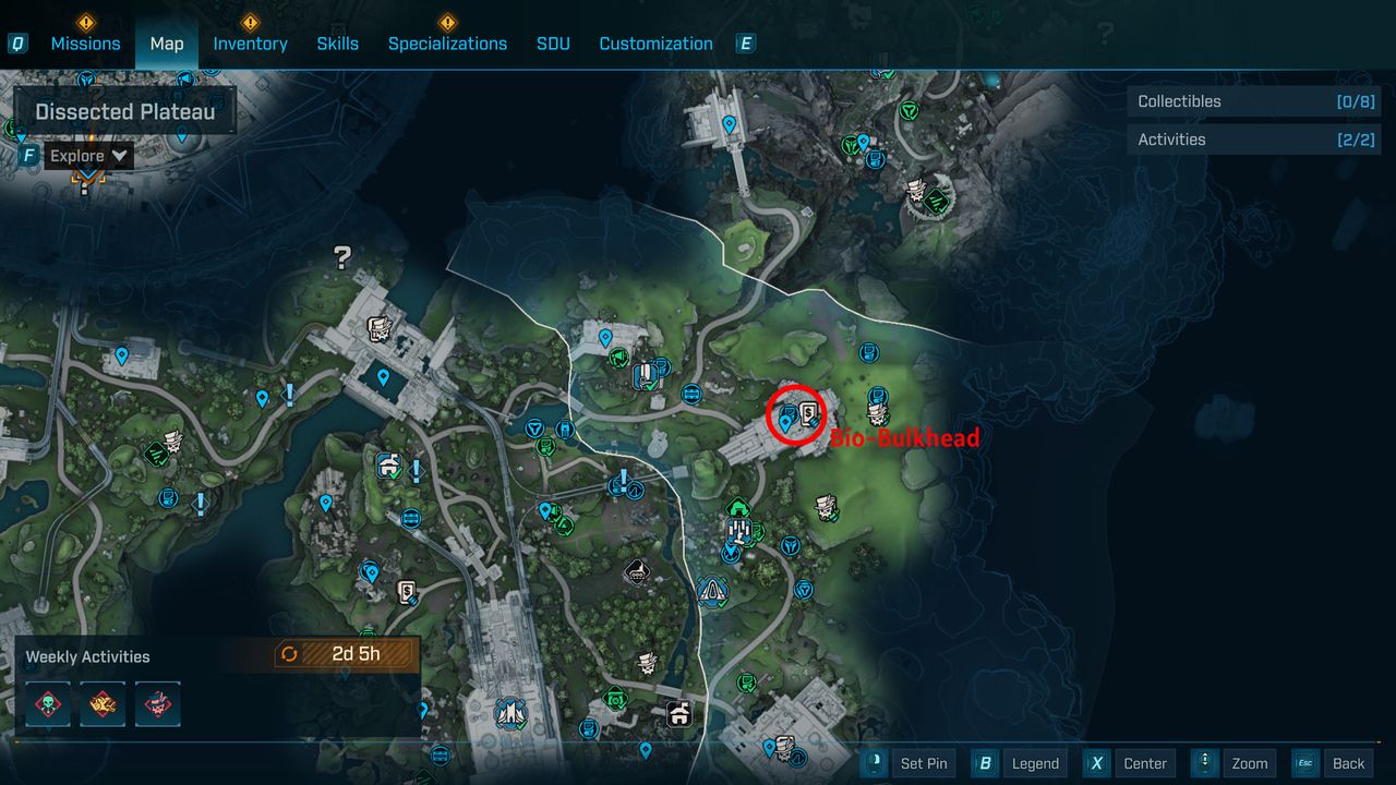 Borderlands 4 UVHM unlocks: A map with a red circle showing the location of the Bio-Bulkhead boss in Fadefields.