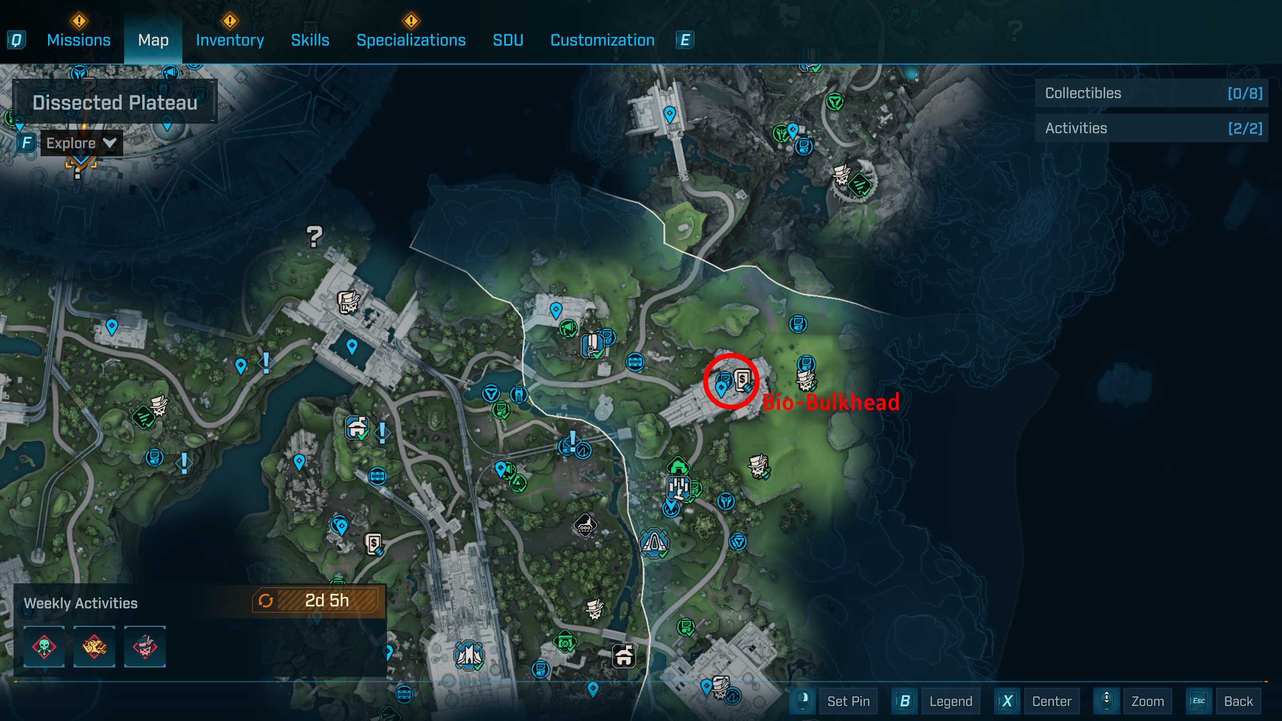 Borderlands 4 UVHM unlocks: A map with a red circle showing the location of the Bio-Bulkhead boss in Fadefields.