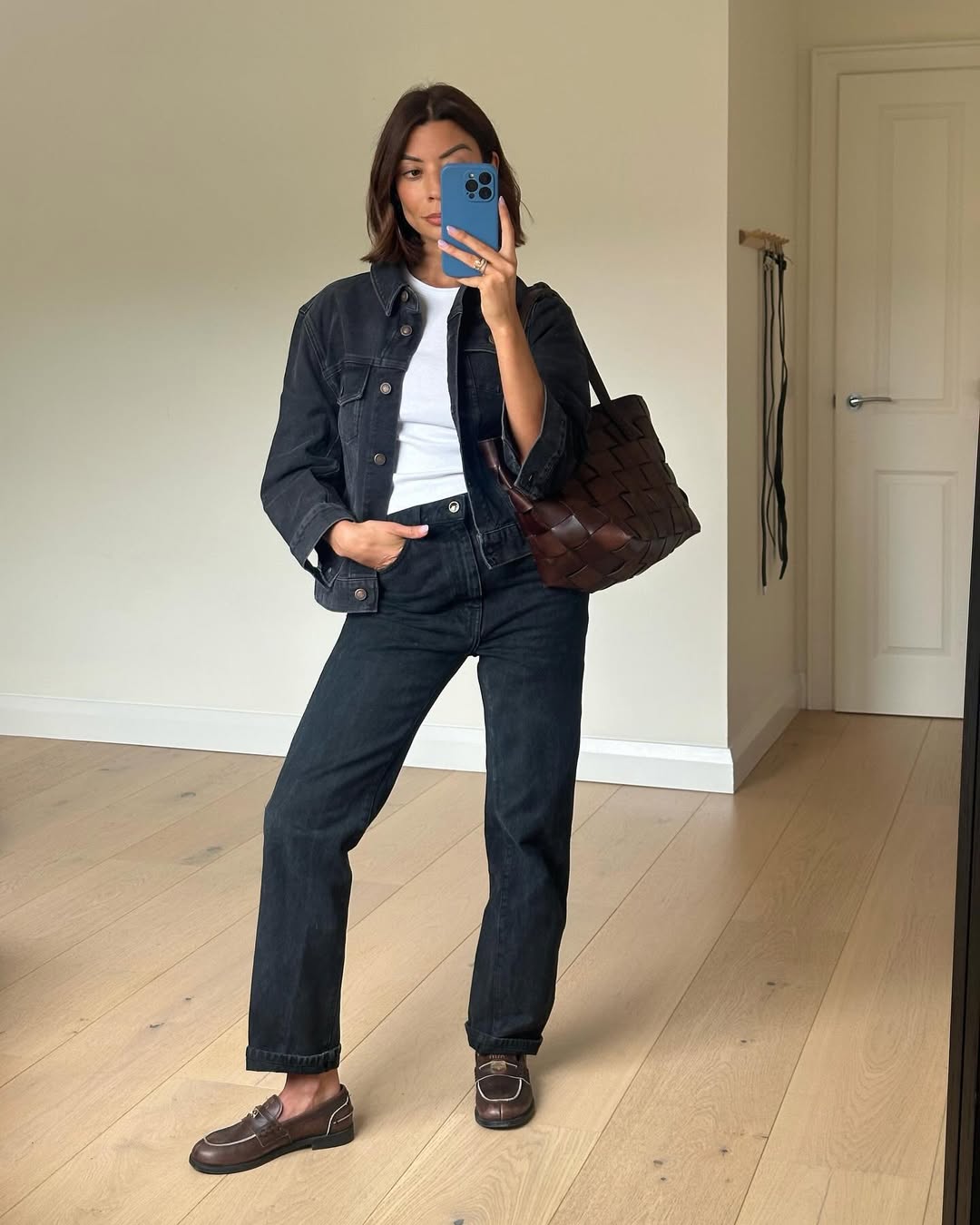 Woman wearing loafers with jeans outfit 2025.