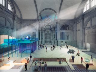 Rendering of Ocean Space in Venice’s Church of San Lorenzo. Large in door area with various exhibits, sculpted walls and lots of people milling about.