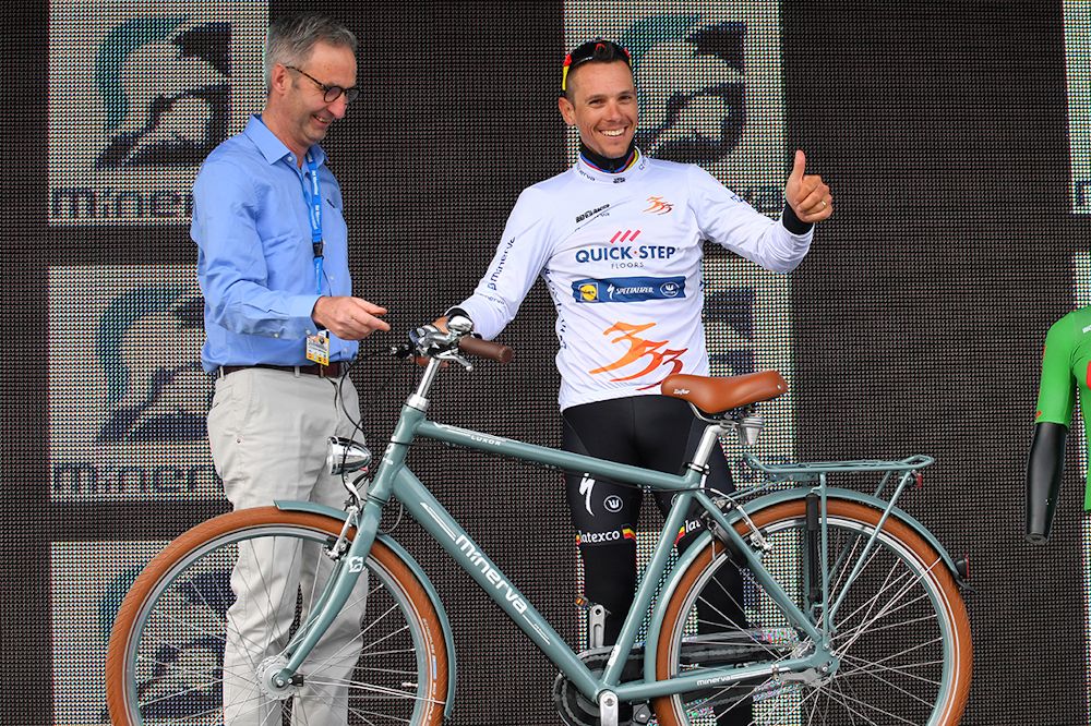 Philippe Gilbert on the stage 2 podium at Three Days of De Panne