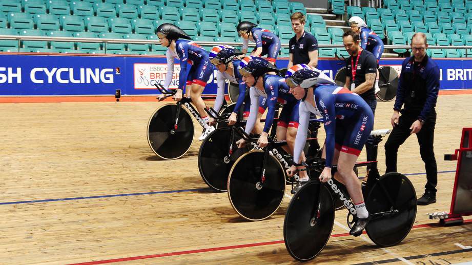 Great Britain women's Team Pursuit riders prepare to start in a recent training session.
