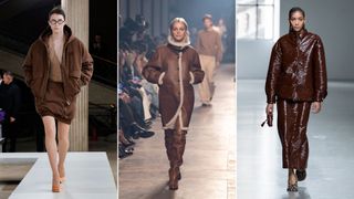 A composite of fall/winer fashion color trends 2023 on the runway chocolate brown