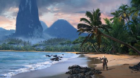 Assassin's Creed Black Flag Resynced concept art showing Edward Kenway standing on a beach in the Caribbean 