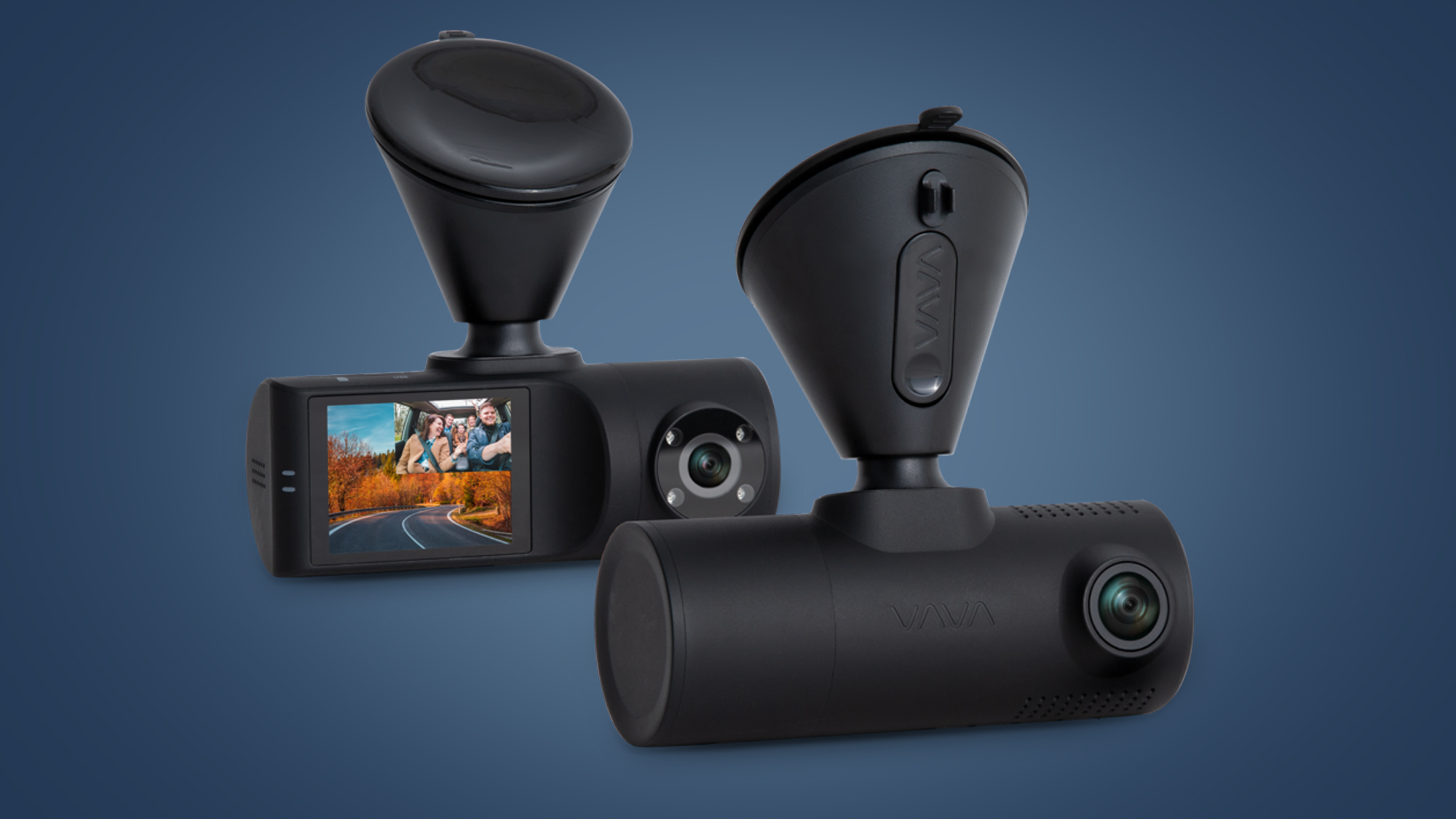 The front and rear cameras of the Vava 2K Dual Dash, one of the best dash cam