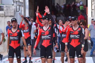 Rohan Dennis in the leader's jersey after stage 1 at the Vuelta a Espana