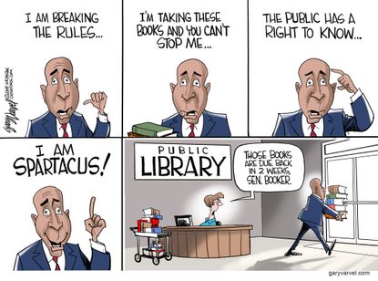 Political cartoon U.S. Cory Booker Spartacus public library