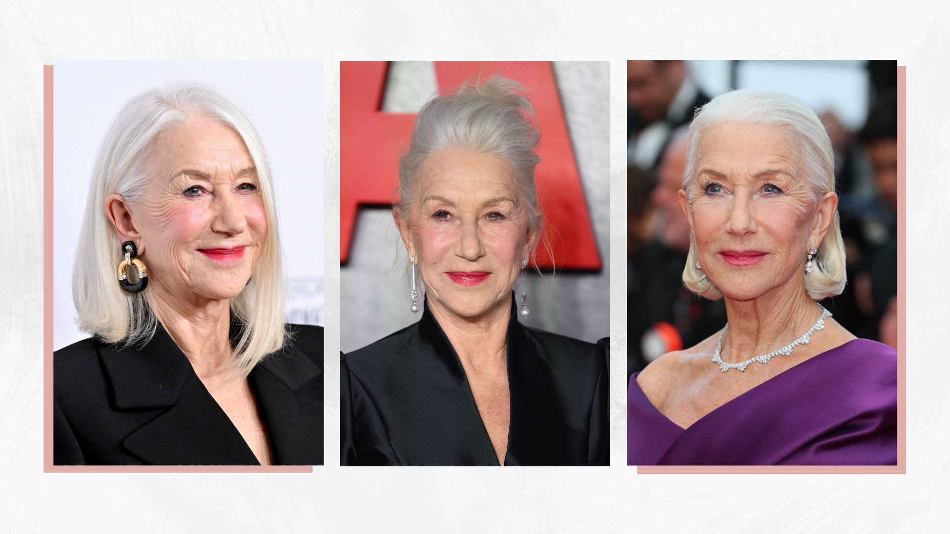 A selection of Helen Mirren&#039;s best hairstyles: on the right, Helen Mirren is pictured with a sleek, collarbone bob at the 37th Annual American Cinematheque Awards Honoring Helen Mirren held at The Beverly Hilton on February 15, 2024 in Beverly Hills, California. In the middle, Helen is pictured with a swept-back updo at the &quot;MobLand&quot; Global Premiere at the Odeon Luxe Leicester Square on March 27, 2025 in London, England. And finally, on the left, Helen is seen with a slicked-back mushroom-style bob and wearing a purple dress at the &quot;La Plus Precieuse Des Marchandises&quot; (The Most Precious Of Cargoes) Red Carpet at the 77th annual Cannes Film Festival at Palais des Festivals on May 24, 2024 in Cannes, France. All images featured in a white, marble-like template