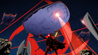 Animated artwork of the Gaze ship from the High Republic era of Star Wars, showing a light or tractor beam coming from the underneath the ship