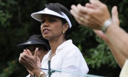 Then Secretary of State Condoleezza Rice watches golfers on the first hole during the AT&T National golf tournament at Congressional Country Club in Bethesda, Md., in July 2008: Rice, an avid