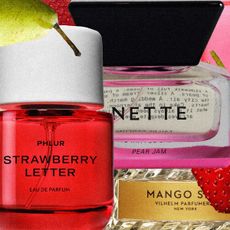 photo collage of phlur strawberry letter, vilhelm parfumerie mango skin, nette pear jam on pink background with fruit