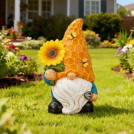 Mainstays Resin Outdoor Garden Gnome Statue With Sunflower Decoration