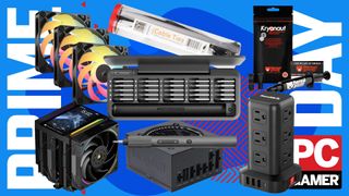 A collection of tools and PC building components on a blue and red Prime Day deals background, with the PC Gamer logo in the bottom right