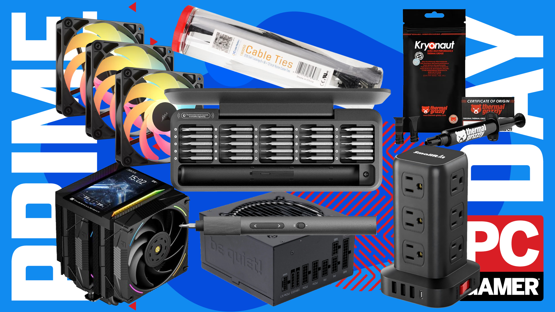 A collection of tools and PC building components on a blue and red Prime Day deals background, with the PC Gamer logo in the bottom right
