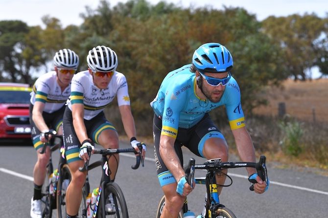 The day's main break at the 2019 Cadel Evans Great Ocean Road Race was made up of Nathan Elliot, Carter Turnbull (both KordaMentha Real Estate Australian national team) and Laurens De Vreese (Astana)