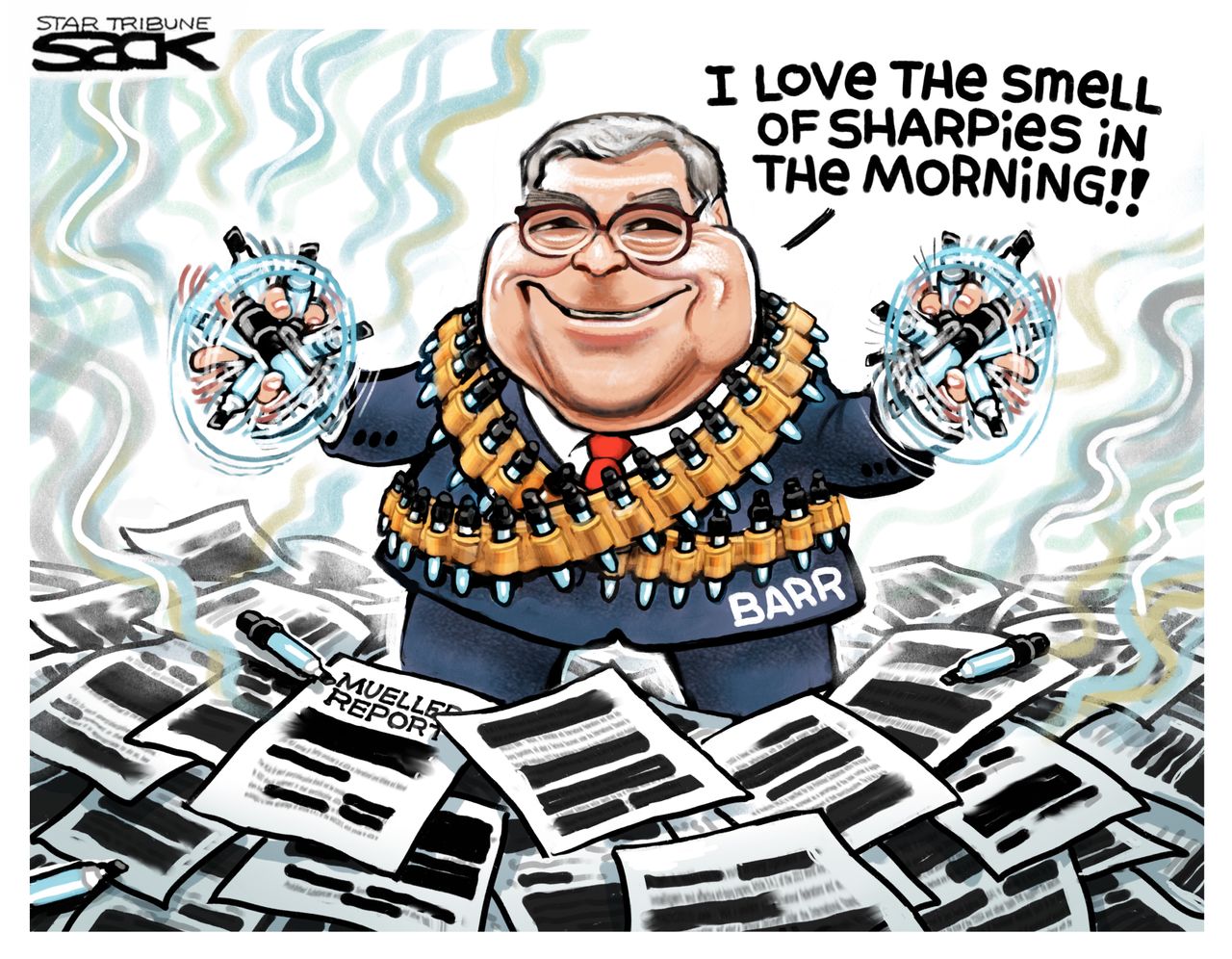 Political Cartoon U.S. William Barr Mueller report sharpie smell