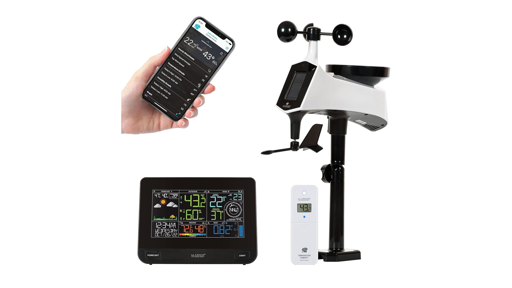 The La Crosse Professional V42 weather station with home display unit, sensor and phone on a white background.