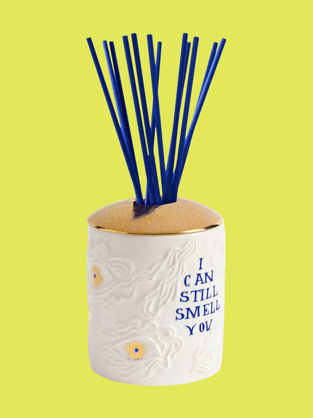 A ceramic reed diffuser with blue reeds