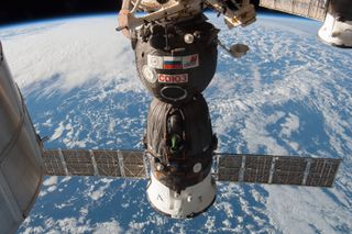 A Soyuz spacecraft docked to the International Space Station.