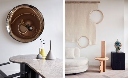 Left: A large circular piece of artwork hangs behind a stone-topped counter. Right: Hanging artwork in neutral tones, made of macrame cord and wooden rings