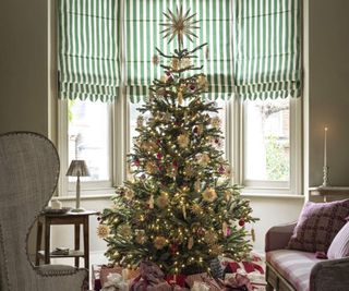 A Christmas tree in a bay window.