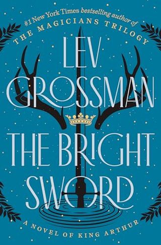 The Bright Sword book cover featuring a blue round table and antlers