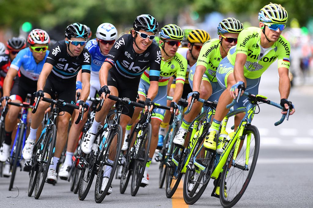 Geraint Thomas (Team Sky) smiles in the bunch