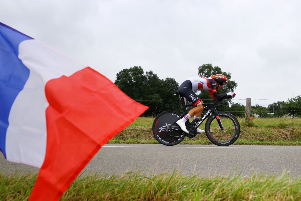 LAVAL ESPACE MAYENNE FRANCE JUNE 30 Mikkel Bjerg of Denmark and UAETeam Emirates during the 108th Tour de France 2021 Stage 5 a 272km Individual Time Trial stage from Chang to Laval Espace Mayenne 90m Flag ITT LeTour TDF2021 on June 30 2021 in Laval Espace Mayenne France Photo by Tim de WaeleGetty Images