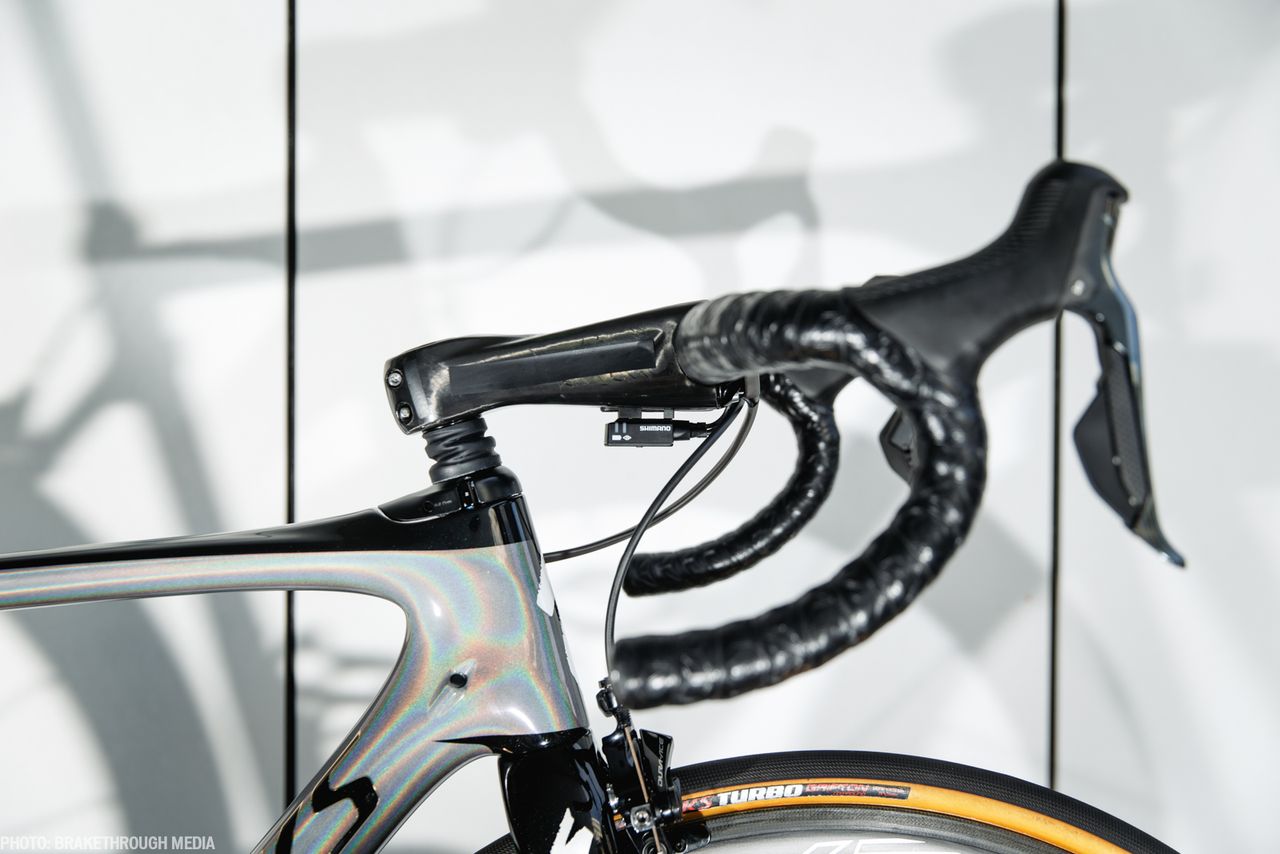 Peter Sagan rides a Zipp Sprint stem with the logo taped over.