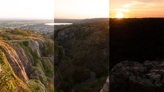 A bracket of three exposures of the same sunset scene with an overexposed scene on the left, under exposed image on the right and middle exposure inbetween