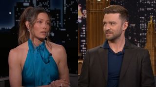 From left to right: screenshots of Jessica Biel on Jimmy Kimmel Live and Justin Timberlake on The Tonight Show.
