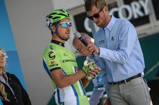 Peter Sagan (Cannondale) doing an interview at the start