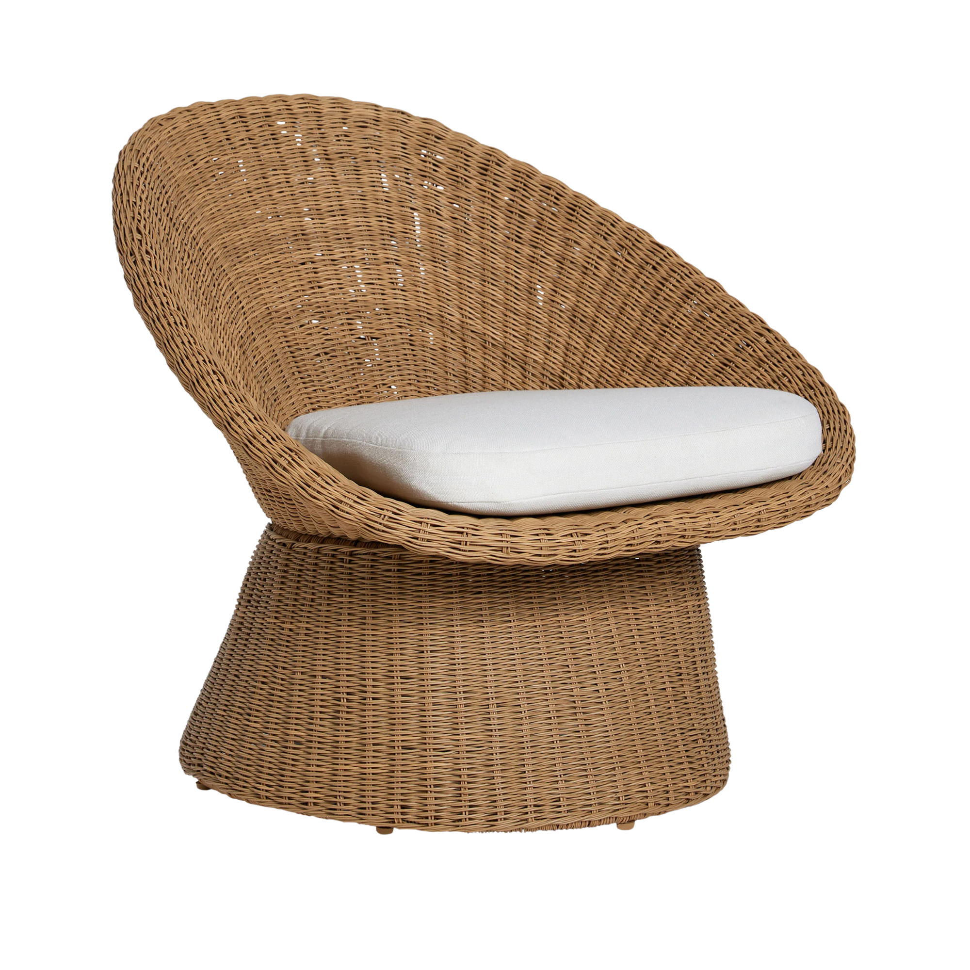 an outdoor accent chair with a wicker design, a rounded back, and a white seat cushion