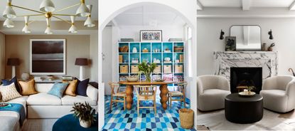 Three examples of interior design trends 2023. Cozy, small living room with modern chandelier, sofa, coffee table, shelving unit. Dining room with large oval wooden table, wishbone chairs, blue shelving unit, blue patterned rug. Modern, minimalist living room, two matching armchairs around marble fireplace.
