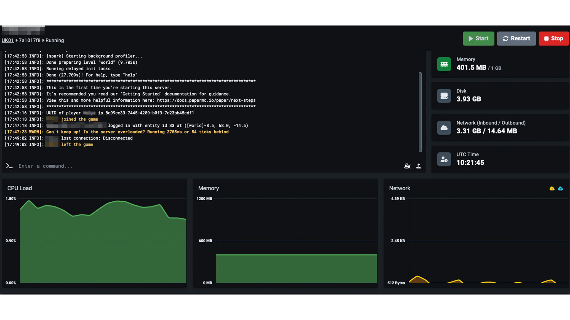 Screenshot of PebbleHost Control Panel - Run a low-end server.