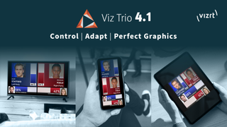 A laptop, mobile phone, and tablet are shown using VIZRT technologies for enhanced graphics. 
