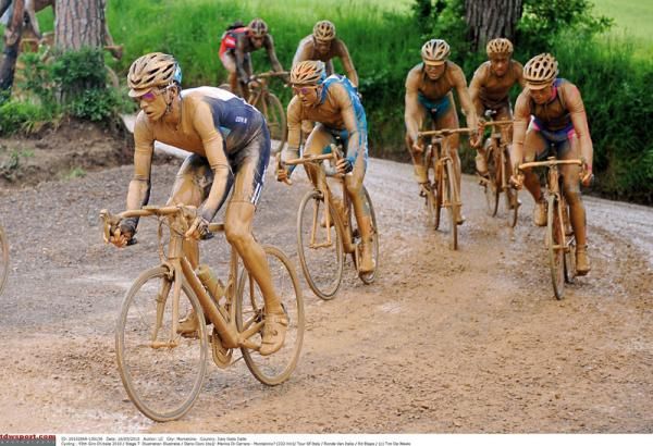 Dario Cioni leads the Giro through Tuscany in 2010 when bad weather made for some of the most epic racing of the season