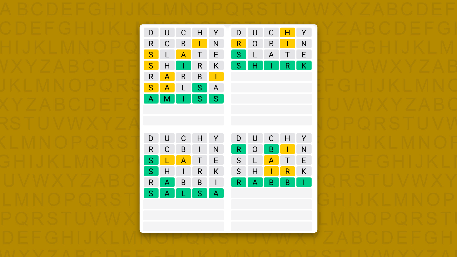 Quordle answers for game 1656 on a yellow background