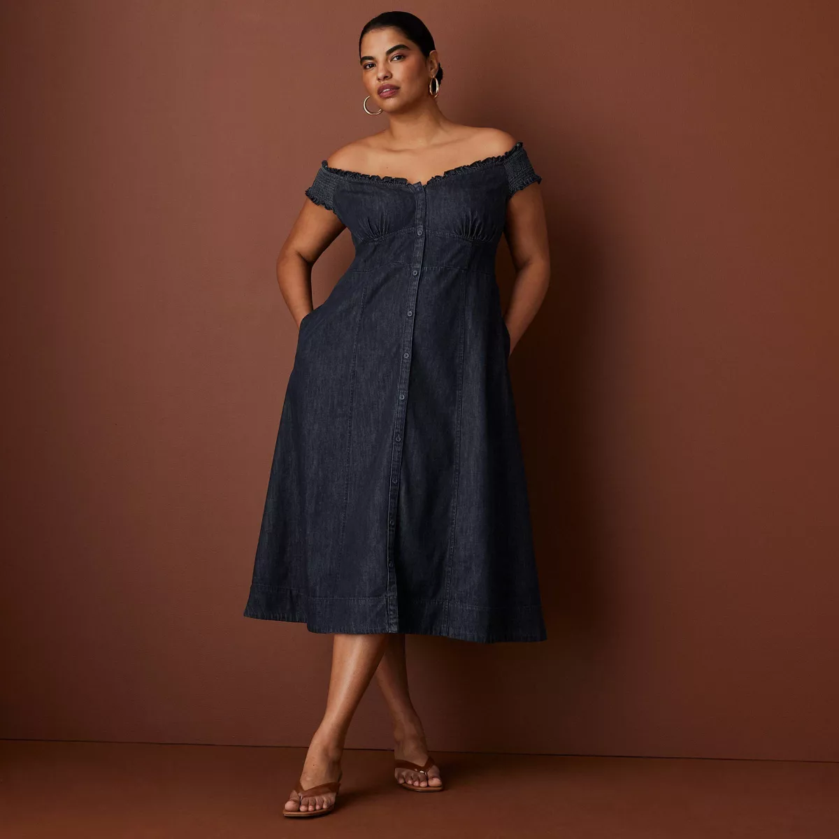 Women's Off the Shoulder Denim Button-Down Midi Dress - Rosie Assoulin X Target Dark Wash Xs