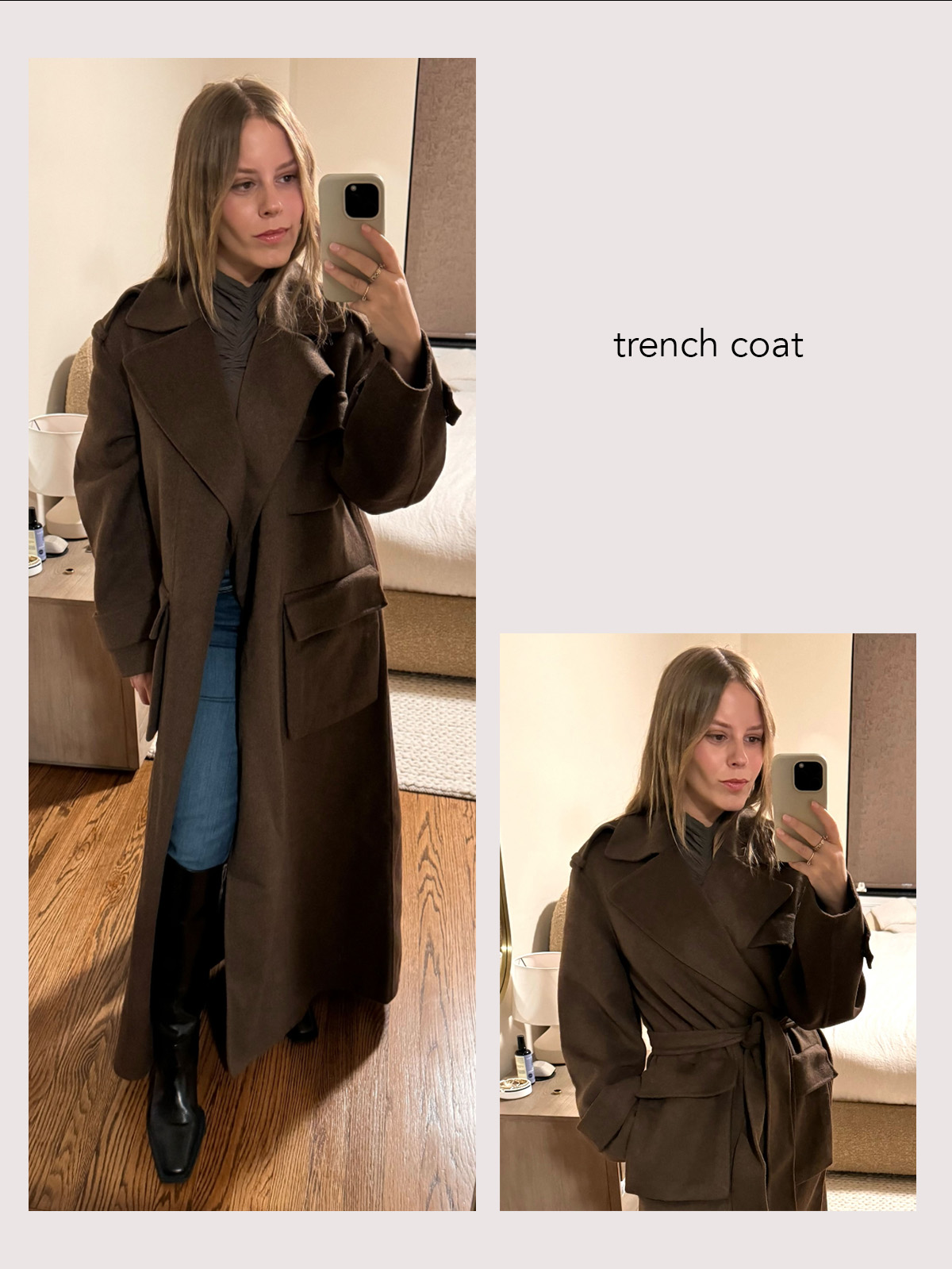 Nikki wears the cult brown gaia x gap trench coat with blue jeans, a turtleneck and black thigh-high boots.