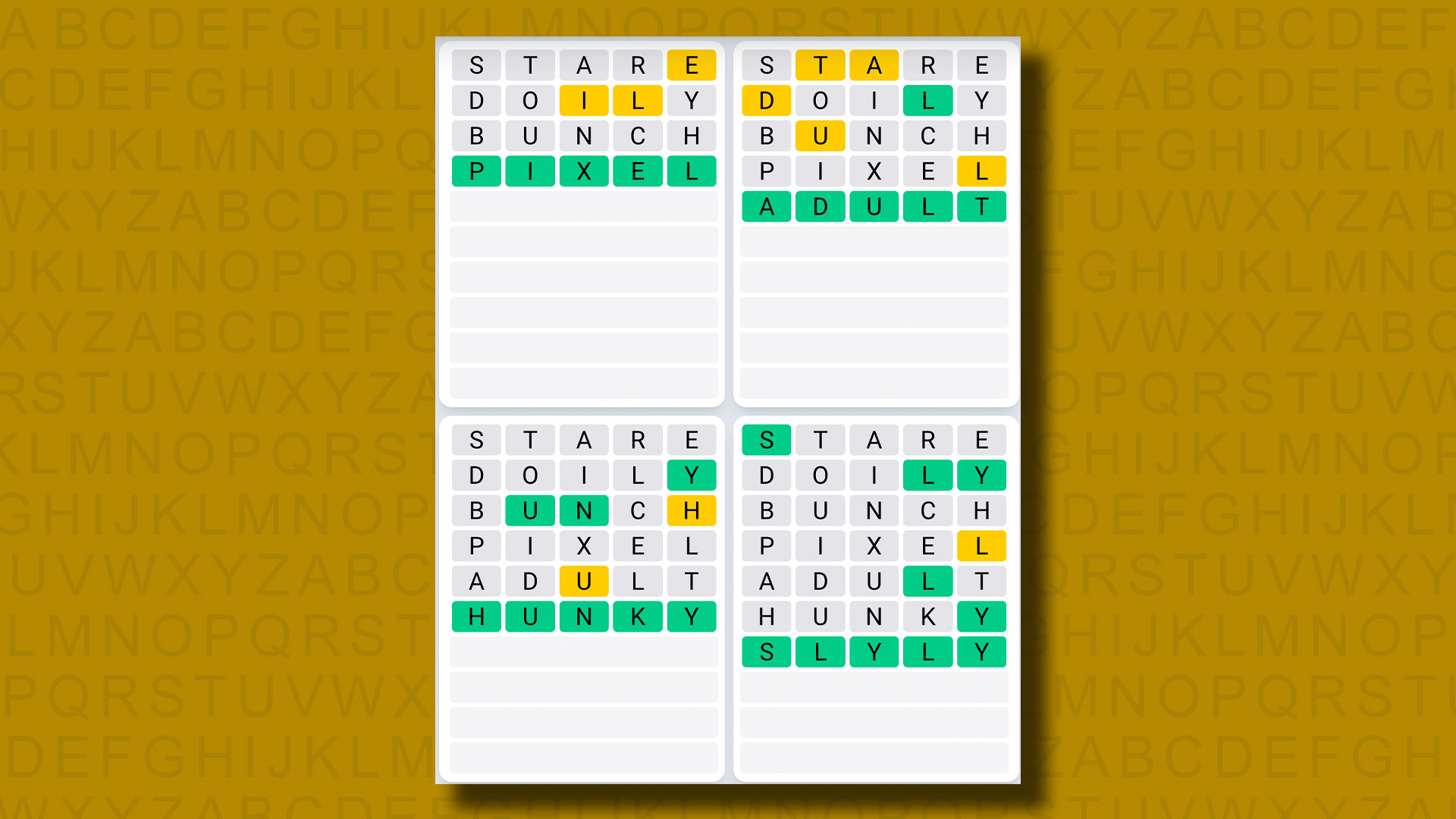 Quordle Daily Sequence answers for game 1039 on a yellow background